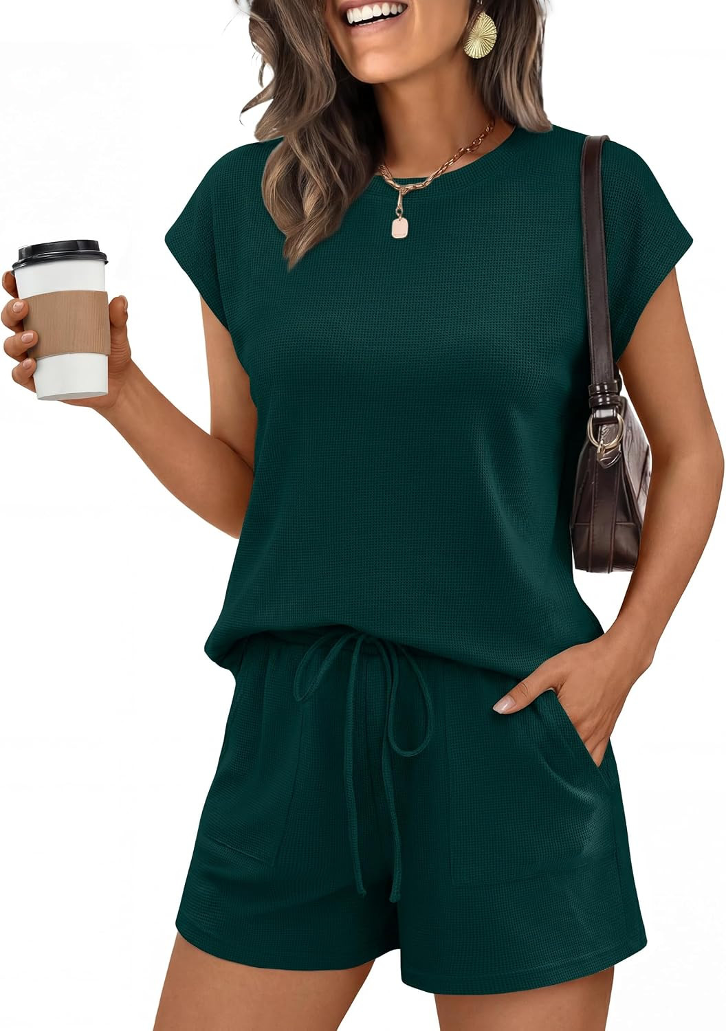 ANRABESS Womens Waffle Knit 2 Piece Short Sets Cap Sleeve Summer 2026 Matching Lounge Outfits Travel Beach Vacation Sweatsuit | Amazon (US)