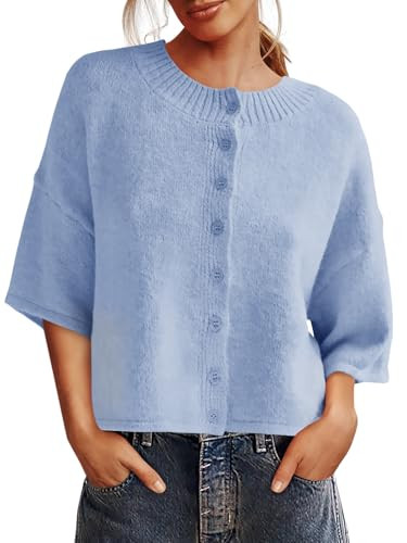 Saodimallsu Womens 3/4 Sleeve Cardigan Sweater Button Down Cropped Crewneck Cardigan 2025 Fall Ca... | Amazon (US)