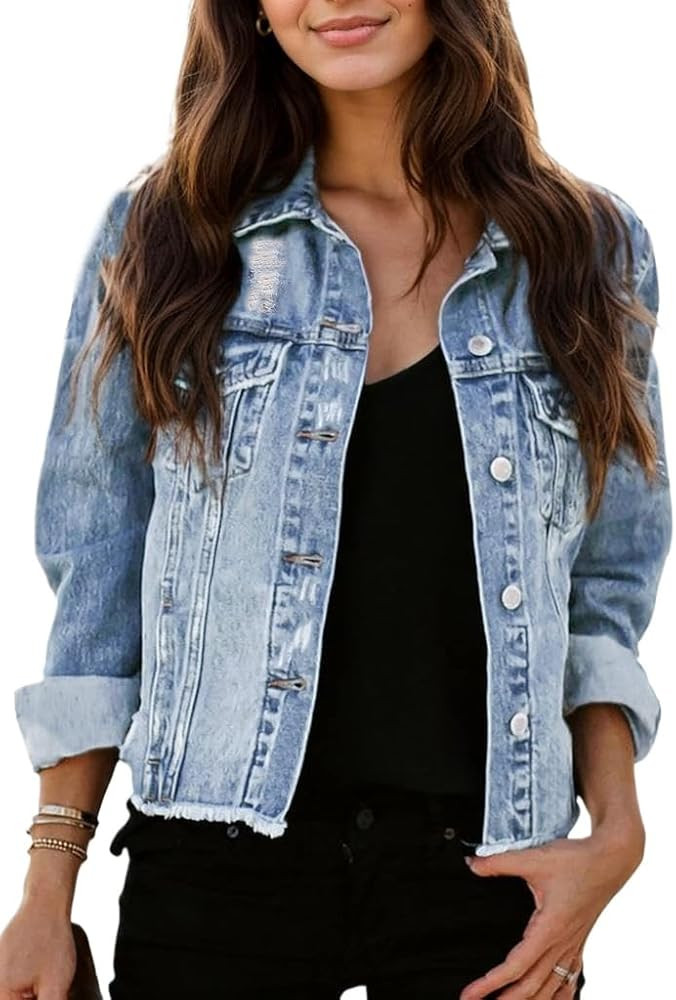 Kedera Womens Denim Jacket Distressed Frayed Ripped Jean Jacket Casual Button Down Light Jackets ... | Amazon (US)