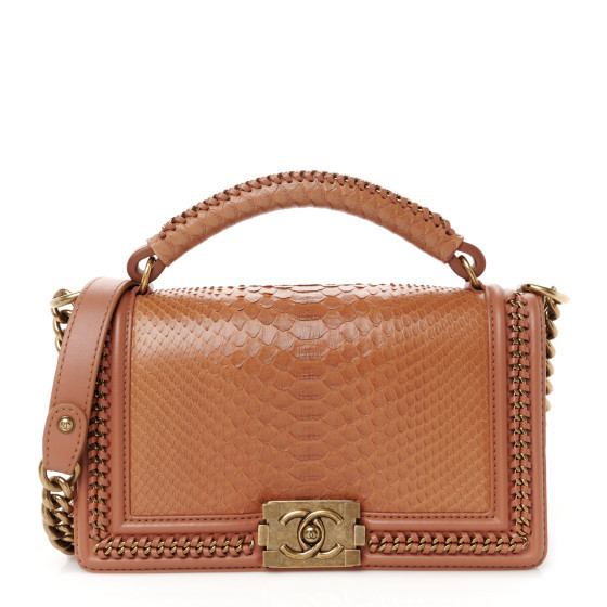 Snakeskin Calfskin Medium Chain Around Top Handle Boy Flap Camel | FASHIONPHILE (US)