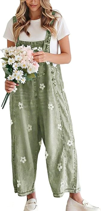 Women Floral Printed Adjustable Strap Denim Bib Overall Wide Leg Jeans Casual Baggy Overalls Jump... | Amazon (US)