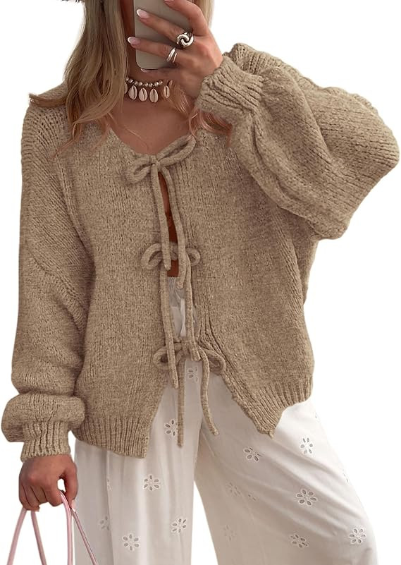 PRETTYGARDEN Women's Tie Front Bow Cardigan Sweaters Chunky Knit Long Puff Sleeve Trendy Fall Win... | Amazon (US)