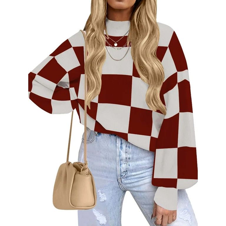 MOSHU Oversized Sweaters for Women Drop Shoulder Plaid Colorblock Tops Fall Crewneck Pullover Swe... | Walmart (US)