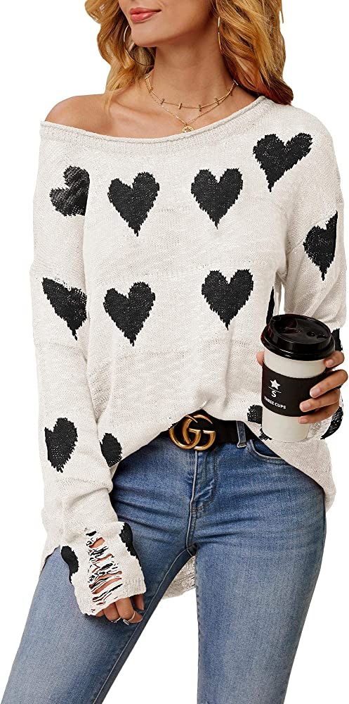 Chang Yun Women Off Shoulder Knitted Pullovers Sweater Loose Long Sleeve Hearts Printed Ripped Tops | Amazon (US)