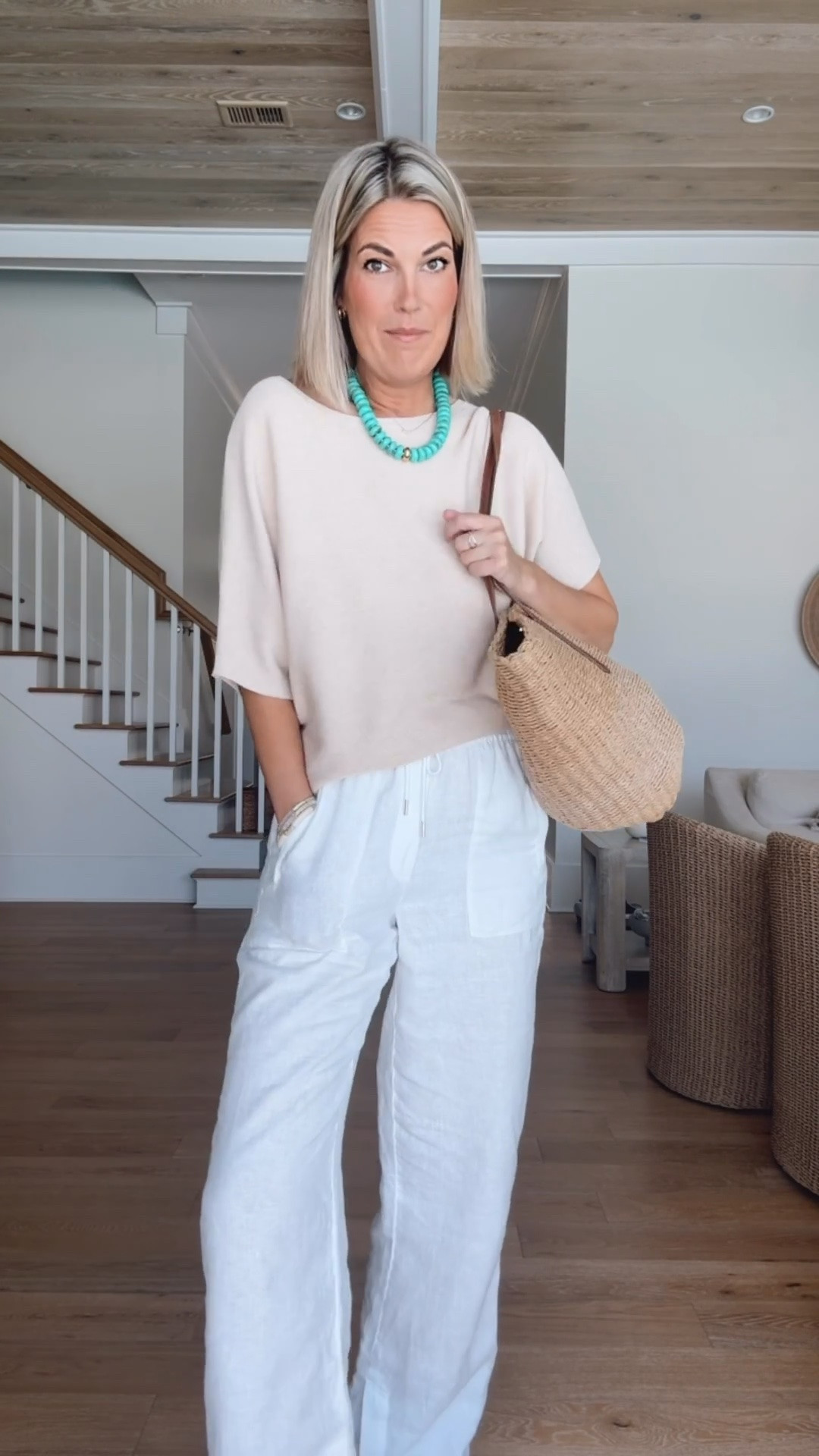 Beaded necklaces layered with metal necklaces are everywhere this summer!  These are so affordable. I am 5’11” wearing small in the top and Xs tall in the linen pants. Sandals true to size.

#LTKdayinmylife #LTKootd #LTKOver40
