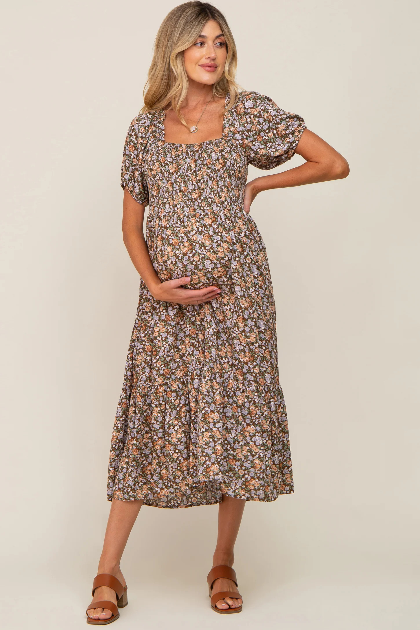 Mocha Floral Smocked Puff Sleeve Maternity Midi Dress | PinkBlush Maternity