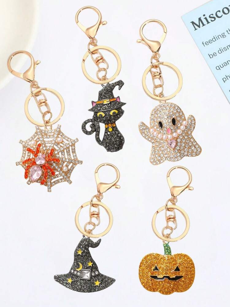 Sparkling Halloween Themed Keychain - Rhinestone Pumpkin, Witch Hat, Black Cat, Ghost, Spider Web... | SHEIN