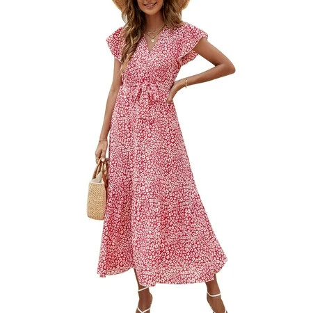 MOSHU Floral Maxi Dresses for Women Ruffle Sleeve A-Line Bohemian Summer Dress with Belted | Walmart (US)