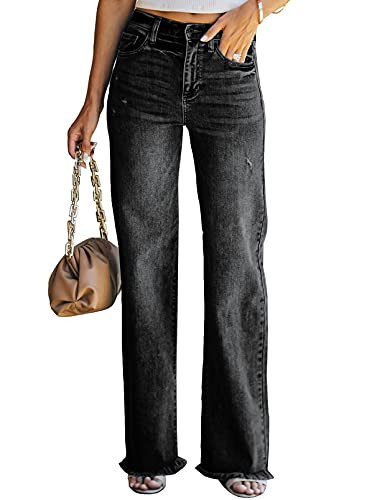 Sidefeel Women's Black Jeans High Waisted Flared Raw Hem Wide Legs Denim Pants Size 16 | Amazon (US)