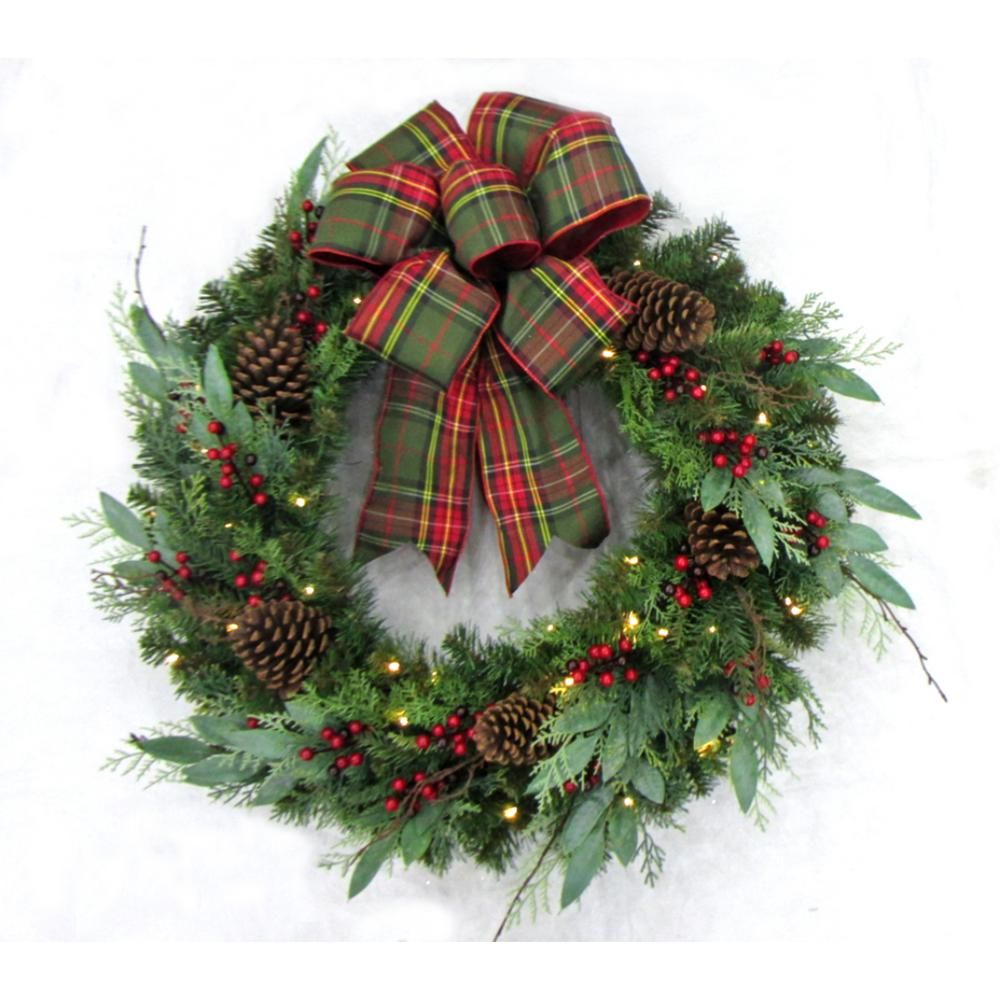 Home Accents Holiday 32 in. Pre-Lit Woodmoore Tales Artificial Christmas Wreath with Plaid Ribbon, 5 | The Home Depot