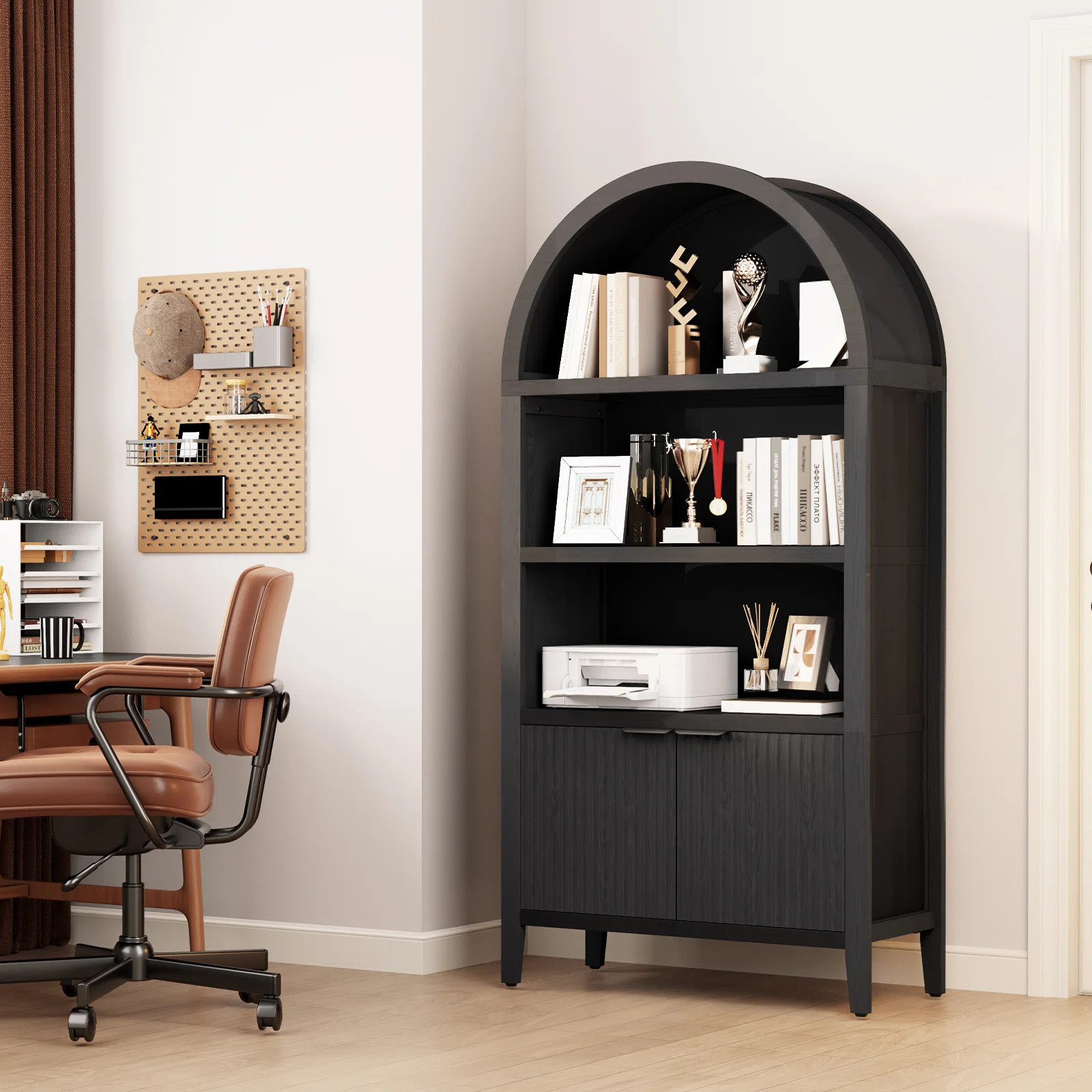 71" Tall  Arched Bookcase with Fluted Doors and Open Shelf | Wayfair North America