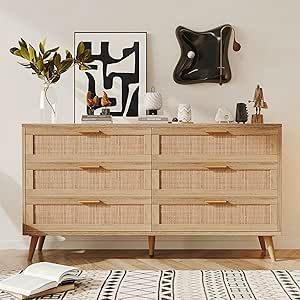 Rovaurx 6 Drawer Double Dresser for Bedroom, Rattan Chest of Dressers, Modern Wooden Dresser Ches... | Amazon (US)