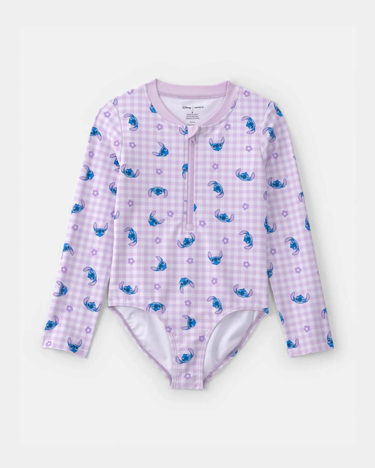 Girls Disney\u00a9 Lilo & Stitch Gingham 1-Piece Rashguard Swimsuit - Purple/Blue | Carter's Inc