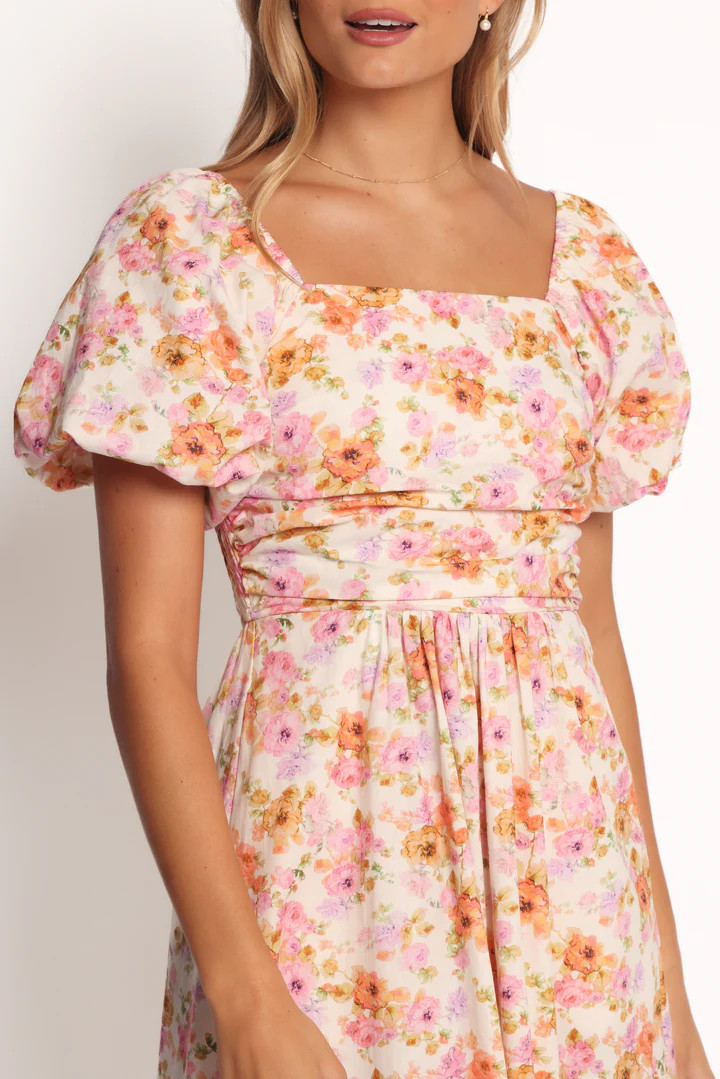 Clo Puff Sleeve Midi Dress - Peach Floral | Petal & Pup (US)