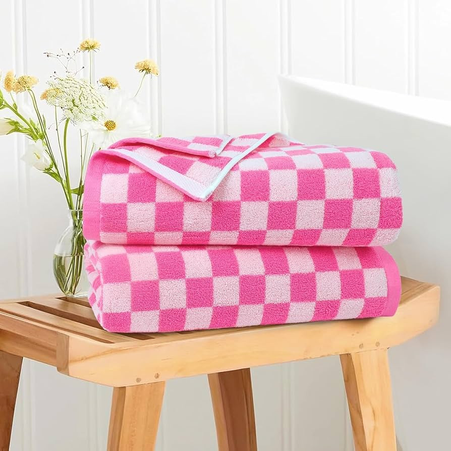Jacquotha Hot-Pink Checkered Cotton Bath Towels Set of 2 - Cute Aesthetic Bathroom Towels for Wom... | Amazon (US)