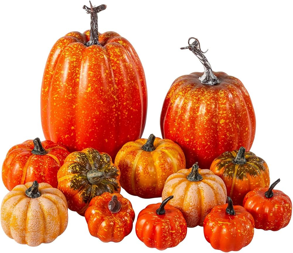 Oyydecor 12Pcs Assorted Sizes Artificial Pumpkins Decoration Harvest Fall Orange Pumpkins Fake Fo... | Amazon (US)
