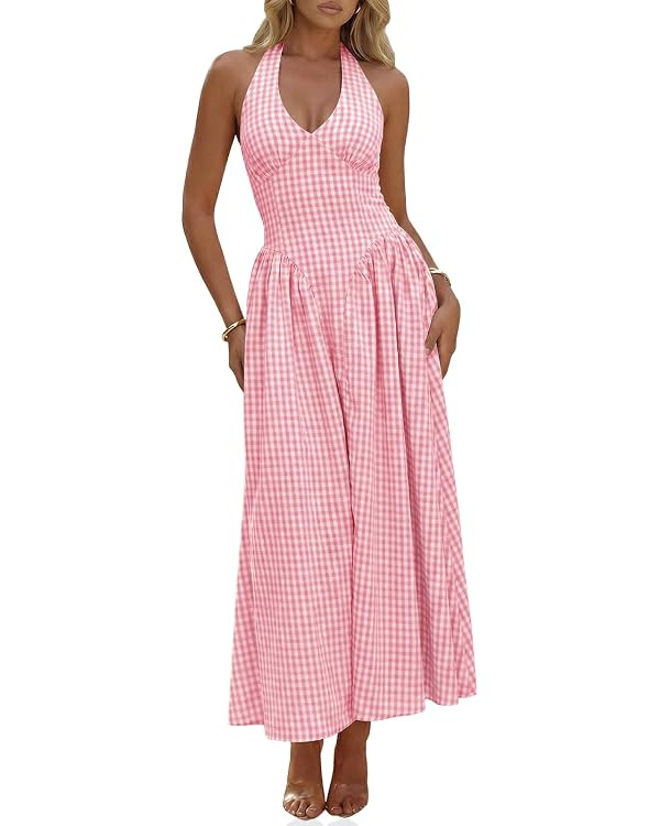 Wenrine Womens Halter V Neck Corset Maxi Dresses Summer Plaid Smocked Tie Back Backless Wedding G... | Amazon (US)