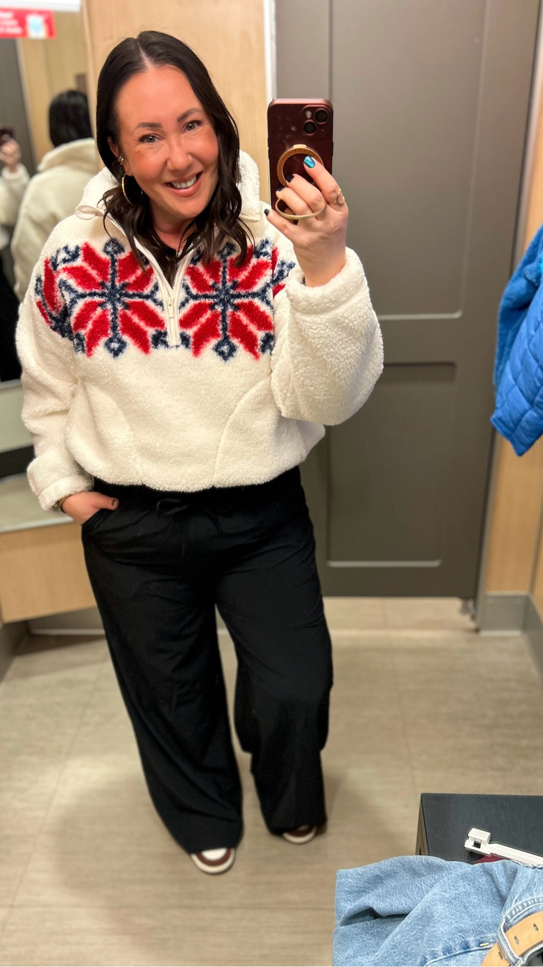 $40 half zip fleece pullover @target.  Wearing a large. 
Large wide leg active pants! $32. Super comfy! @nike sneakers run true to size. Xl @gap tee.  Save $15 when you spend $60 on clothing & accessories through 12/13! Target circle deal!  