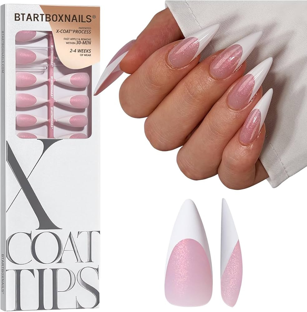 BTArtboxnails XCOATTIPS French Tip Press On Nails - Pink Glitter Base Long Stiletto Press On Nail... | Amazon (US)