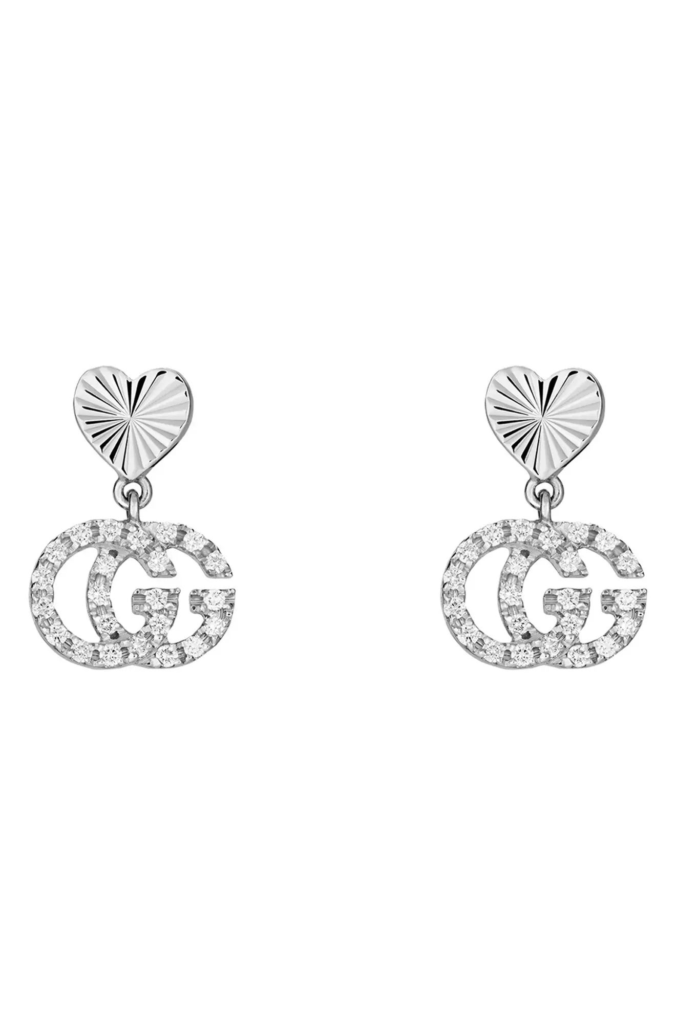 Gucci Running G Diamond Drop Earrings in White Gold at Nordstrom | Nordstrom