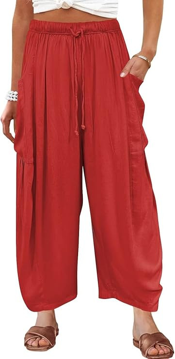 Kalssior Womens Wide Leg Pants Linen Palazzo Lounge Harem Pants Summer Beach Long Trousers with P... | Amazon (US)
