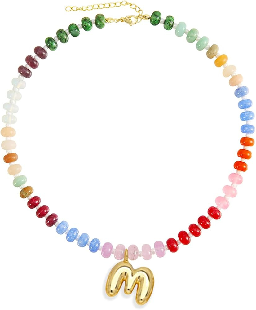 Elegant Boho Colorful Beaded Necklace with Gold Bubble Letter A-Z Pendant,Handmade Trendy Summer ... | Amazon (US)