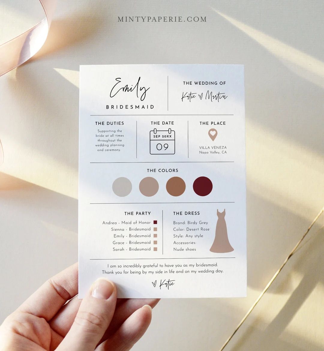 Bridesmaid Info Card Template Bridal Party Info Card - Etsy | Etsy (US)