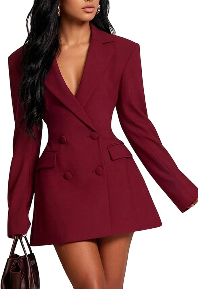 HuiSiFang Women V Neck Double Breasted Long Sleeve Blazer Mini Dress | Amazon (US)