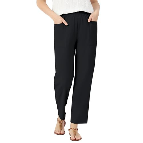 keriffe Linen Casual Pants for Women High Waist Elastic Summer Beach Vacation Outfits with Pockets Black | Amazon (US)