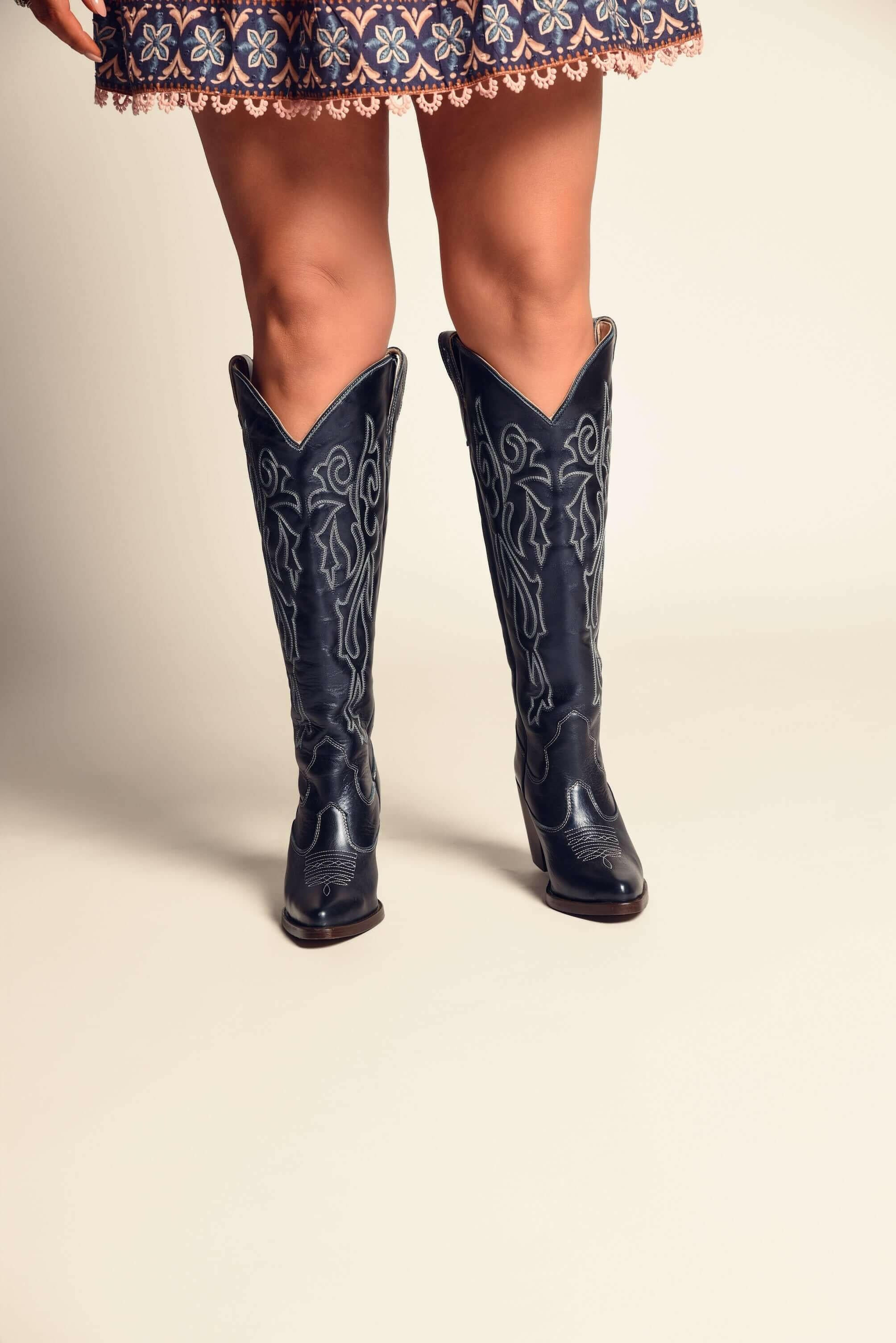 Bristol Metallic Navy Wide Calf Boots | Luxury Western Boot | Fontleroy | Fontleroy