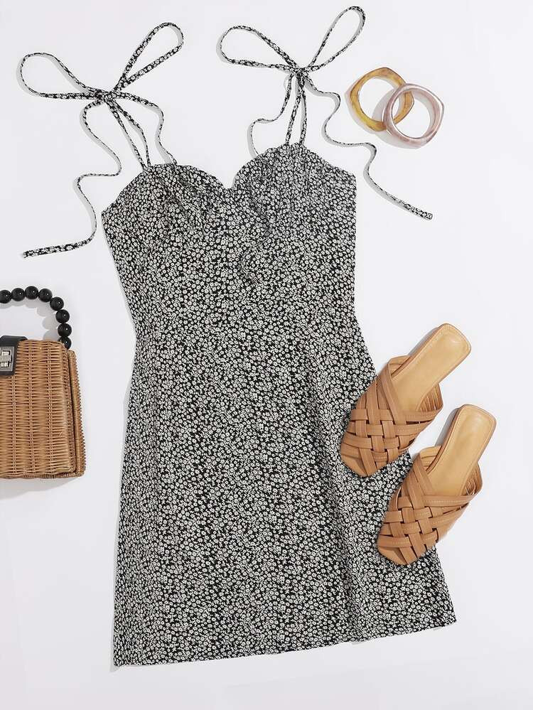 SHEIN Tie Shoulder Ruched Bust Ditsy Floral Cami Dress | SHEIN