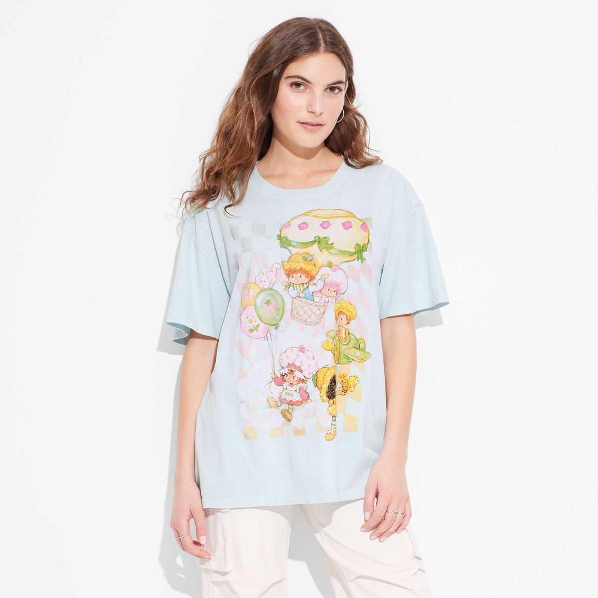 Women's Strawberry Shortcake Checker Oversized Short Sleeve Graphic T-Shirt - Blue | Target