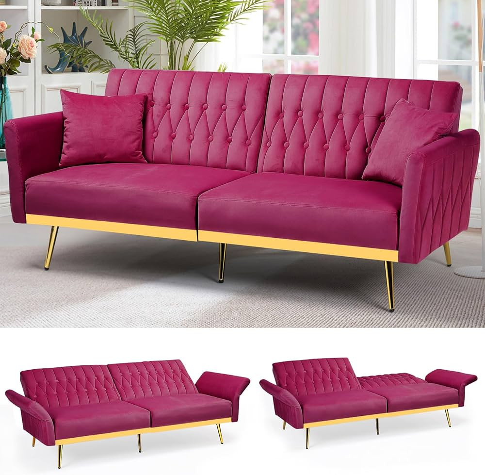 70” Velvet Futon Sofa Bed with 2 Pillows and Adjustable Armrests, Convertible Sleeper Bed, Mode... | Amazon (US)