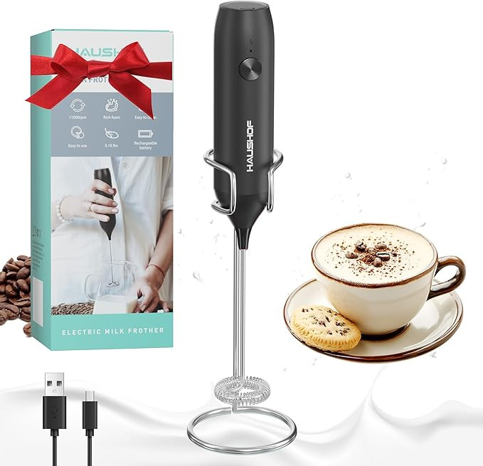 HAUSHOF Powerful Rechargeable Milk Frother with Stand, Handheld Electric Coffee Whisk for Rich Fo... | Amazon (UK)