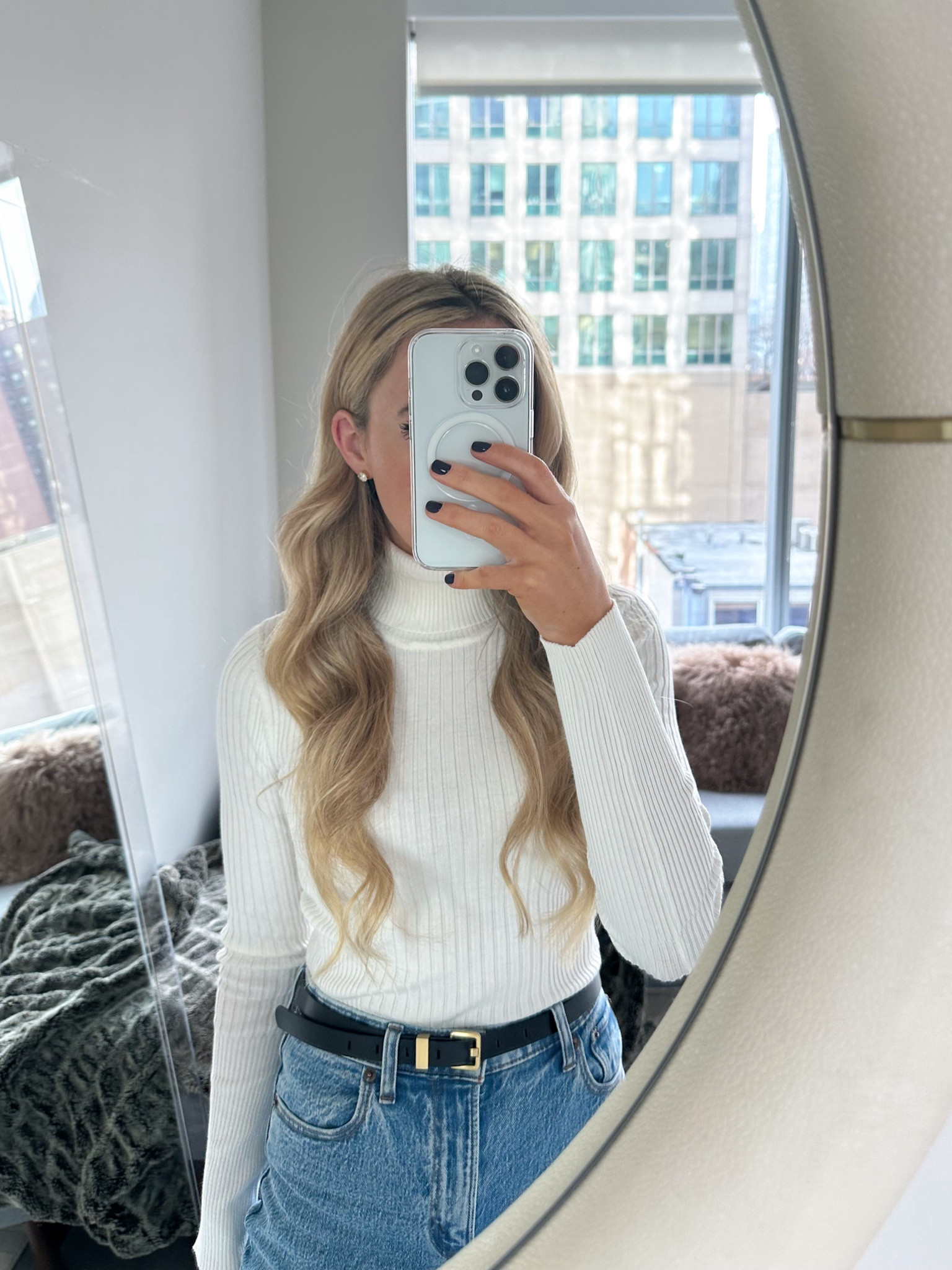 everyday winter outfit- cold weather outfit: wearing medium wash in the jeans 

Turtleneck sweater, faux diamond earrings, cubic zirconia, 2 carat diamond, shopping outfitt

#LTKsalealert #LTKfindsunder50 #LTKworkwear