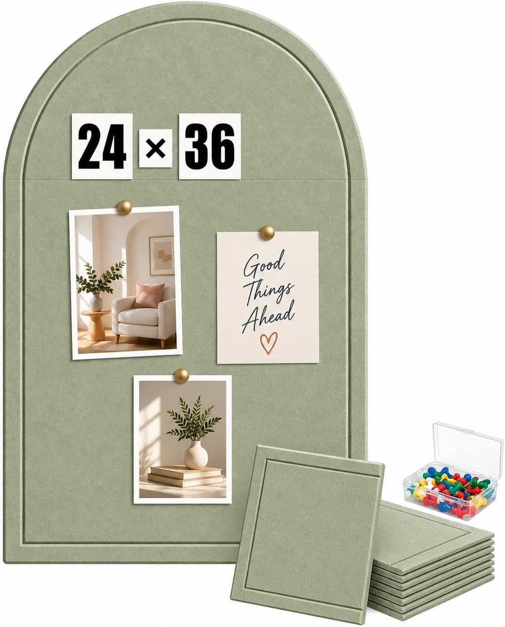 Large Arched Felt Bulletin Board, Sized 36" x 24" for Office & Wall Decor – 6 Customizable Adhesive Tiles with Pins are Perfect to Display Your Photos (Sage Green-B) | Amazon (US)