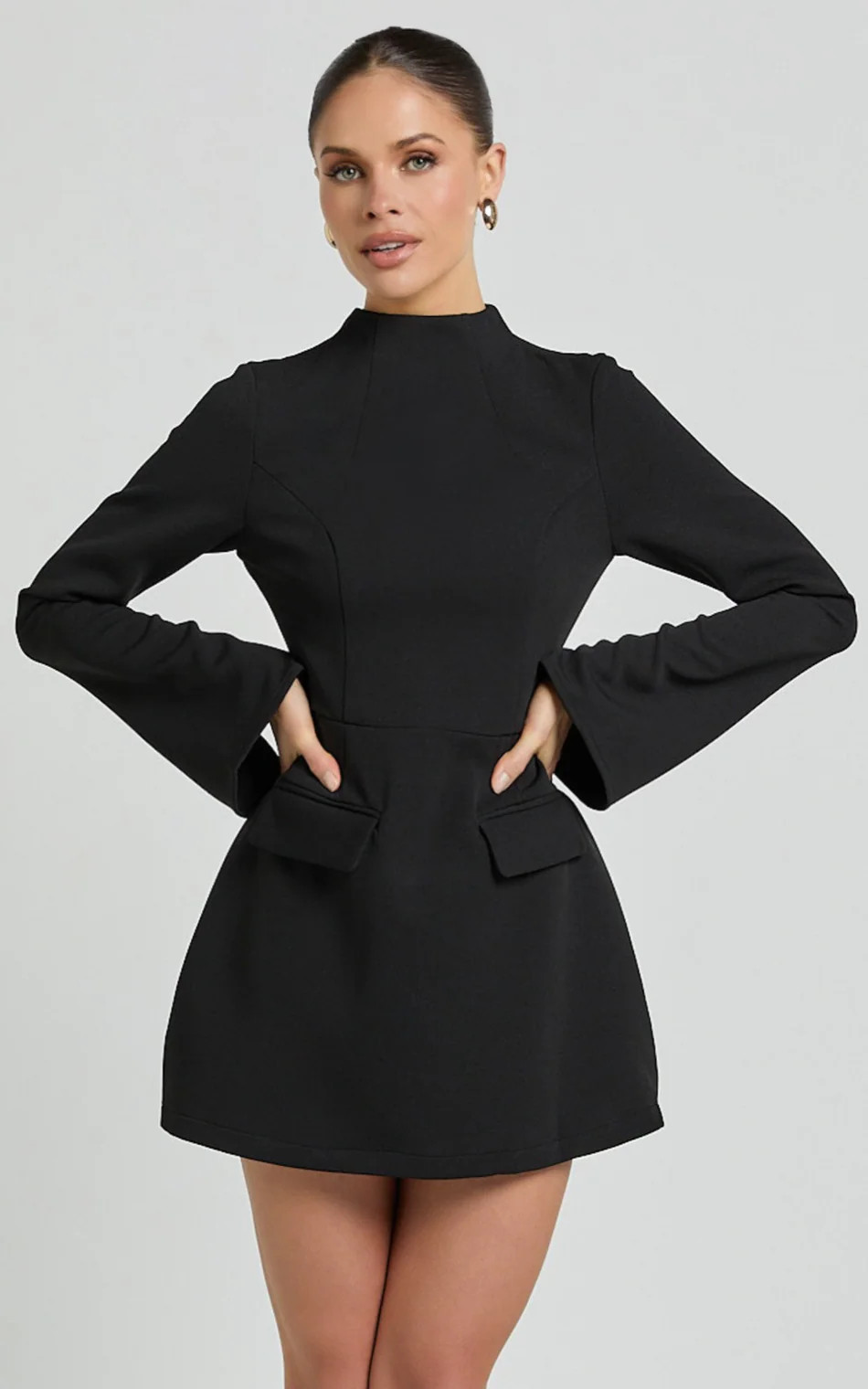 Carlson Mini Dress - High Neck Sleeve Cocoon Skirt Dress in Black | Showpo (US, UK & Europe)