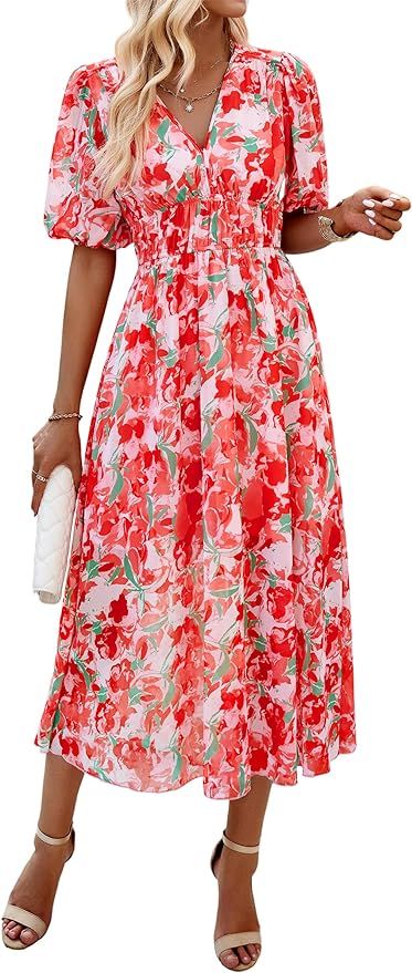 Womens Flowy Smocked Elastic Waist Short Sleeve V Neck Floral Midi Dress Casual Spring Summer Sun... | Amazon (US)