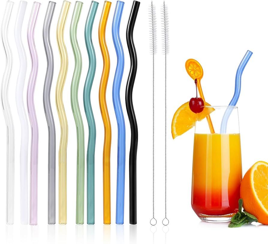 10 Pcs Reusable Wavy Colorful Glass Straws,9''x8 mm Shatter Resistant Cute Drinking Straws with 2... | Amazon (US)