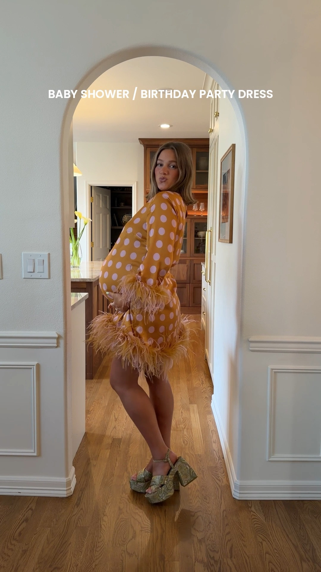 Size 10 in this polka dot feather dress (obsessed!!) I would take an 8 if I want pregnant. It has great length too I’m 5’ 5” and it’s mid to low thigh. Comfortable and so cute!! Platforms are amazing actually very easy to walk in and comfy. True to size! 

#featherdress #babyshowerdress #bresheppard #thirdtrimester #bumpstyle #playformheels #polkadots #birthdaydress