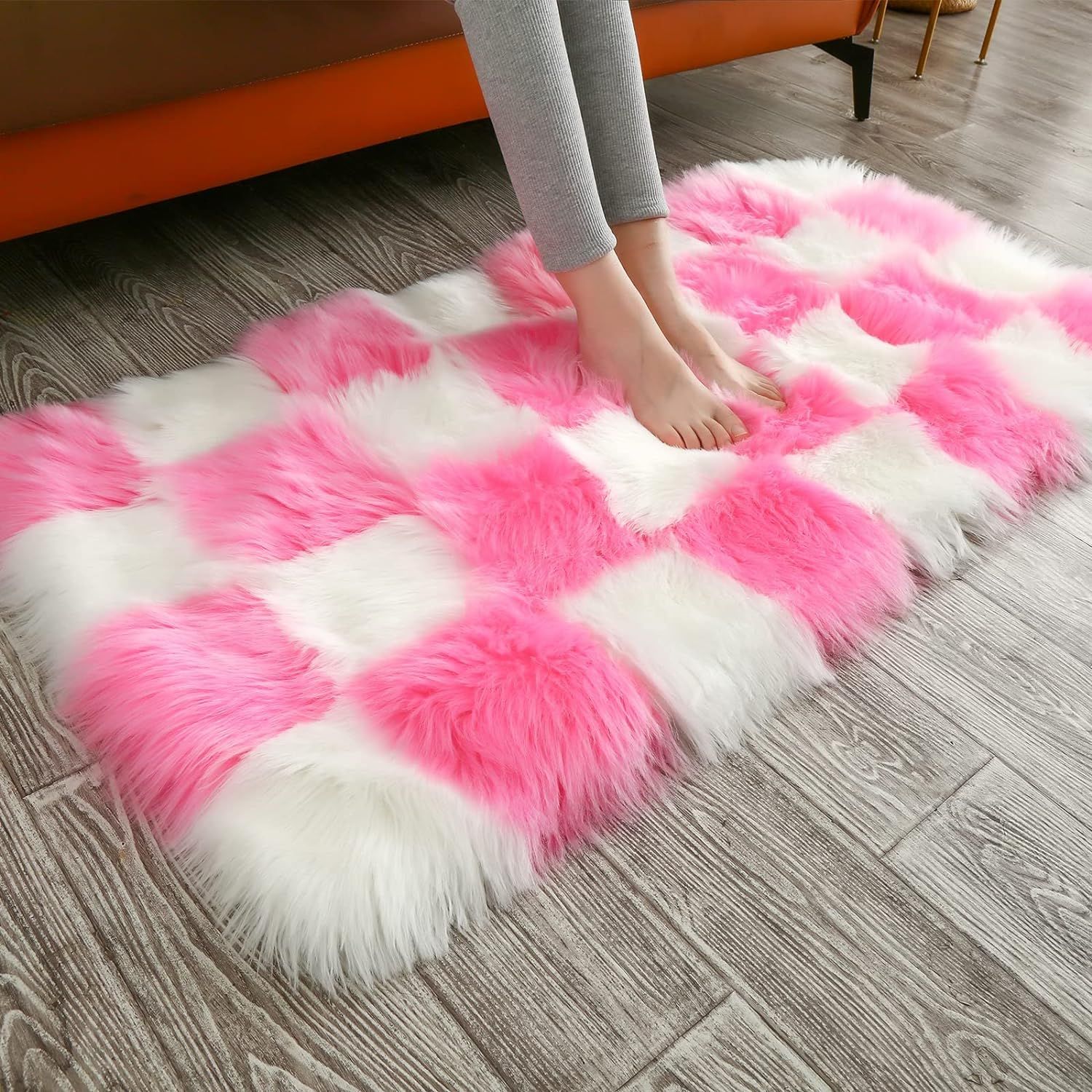 CKLZSAY Faux Fur Sheepskin Rug Super Soft Fluffy Plush Checkered Area Rug Bedroom Floor Children'... | Amazon (US)