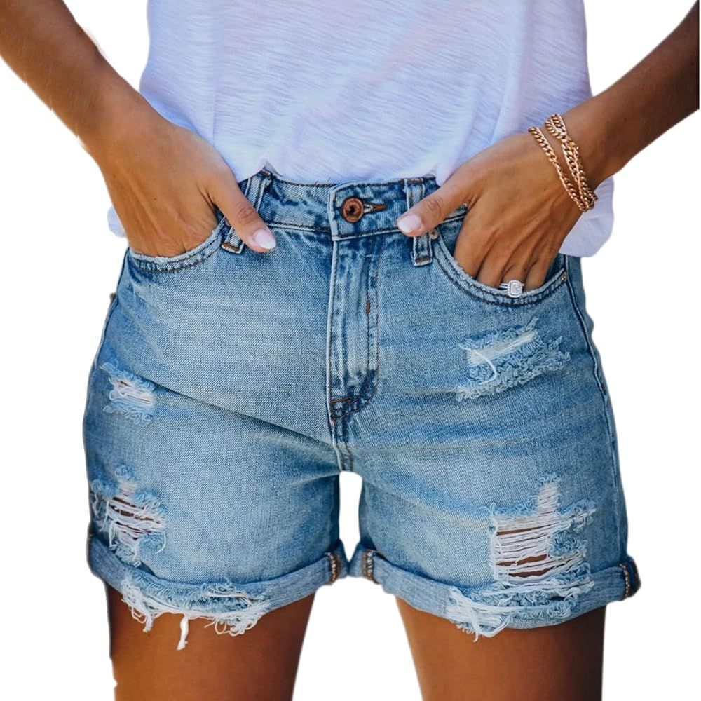 Jean Shorts for Women High Waisted Casual Summer Stretchy Denim Shorts Frayed Raw Hem Ripped Dist... | Amazon (US)