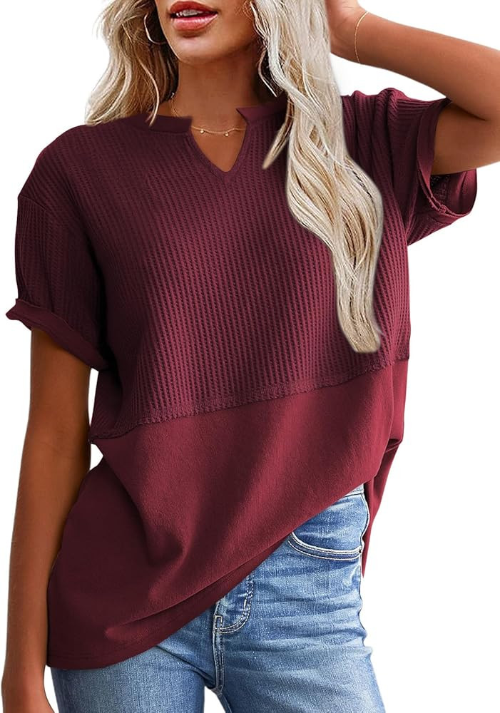 SHEWIN Womens Casual V Neck Waffle Knit Tops Short Sleeve T Shirts Loose Blouses | Amazon (US)