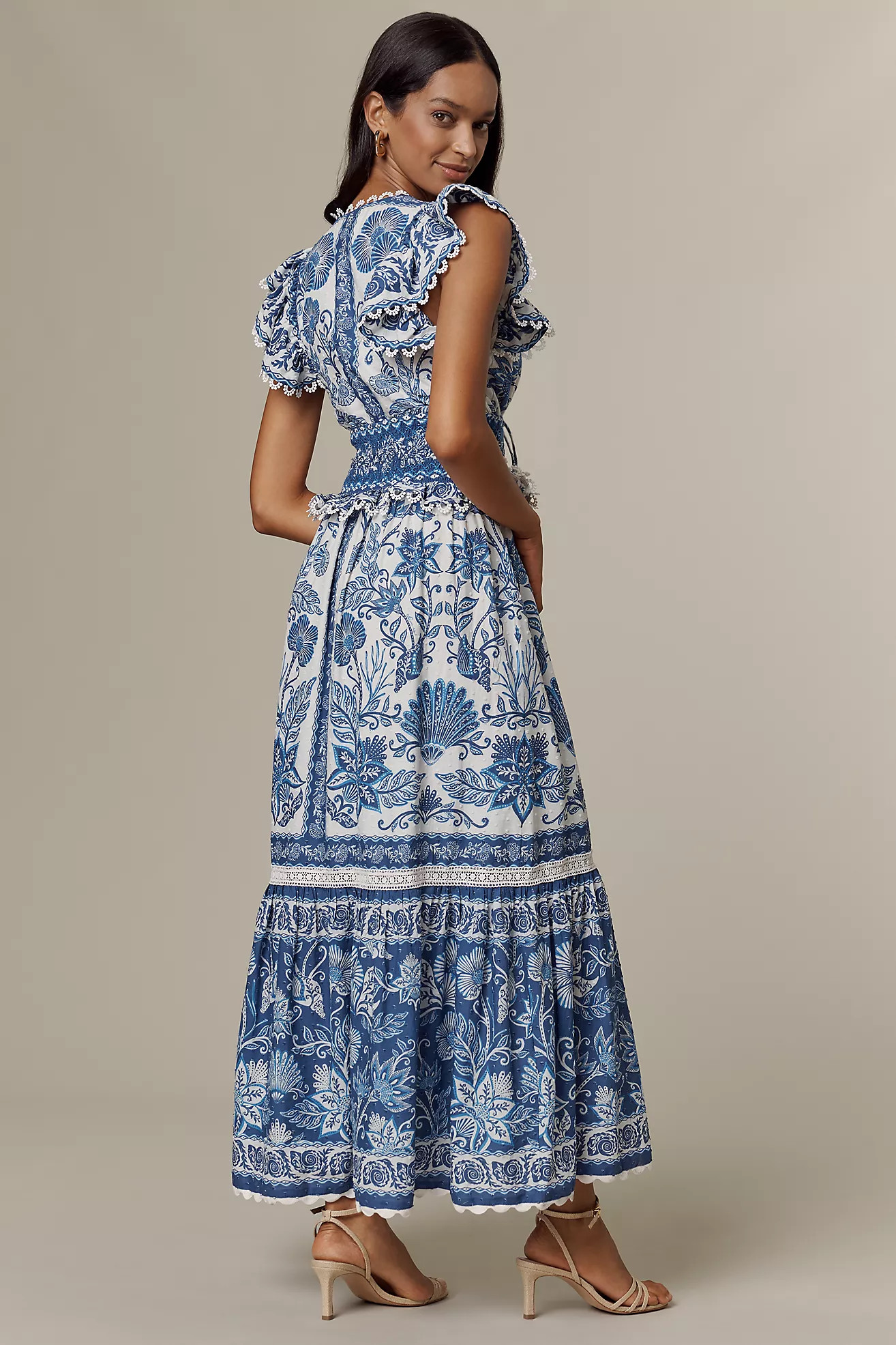 Farm Rio Shell Garden Cotton Ruffle Maxi Dress | Anthropologie (US)