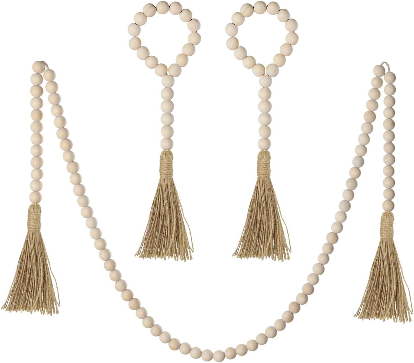 Mokof 3 Pack Wood Bead Garland with Jute Tassel, Rustic Wooden Bead Decor, Farmhouse Home Wall Ha... | Amazon (US)