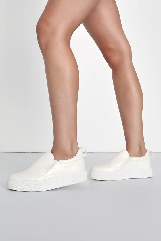 Cassay White Crocodile-Embossed Platform Slip-On Sneakers | Lulus (US)