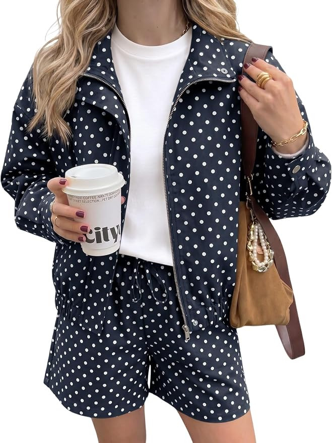 Tankaneo Womens Polka Dot 2 Piece Sets Zip Up Cropped Jackets Shorts Set | Amazon (US)