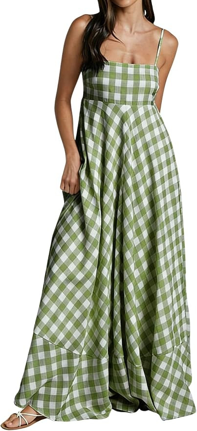 chouyatou Women's Summer Boho Sleeveless Plaid Gingham Smocked Dress Spaghetti Strap Flowy Maxi S... | Amazon (US)