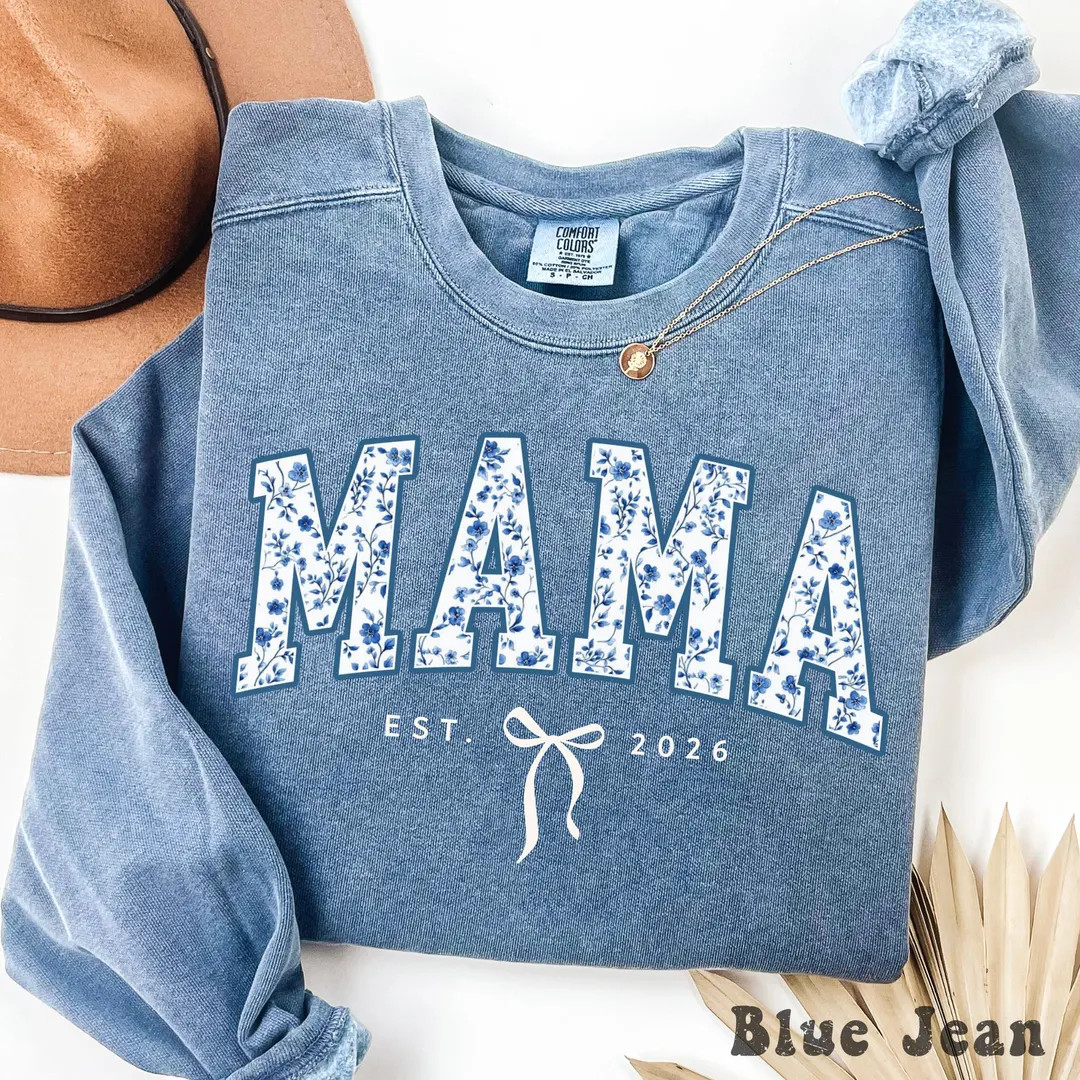 Comfort Colors® Custom Mama Sweatshirt, Retro Blue Toile Floral Est 2026 Crewneck, Coquette Mom ... | Etsy (US)