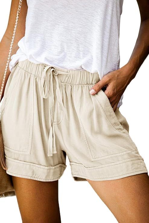 MEROKEETY Women's Elastic Waist Drawstring Belt Solid Color Comfy Shorts with Pockets | Amazon (US)